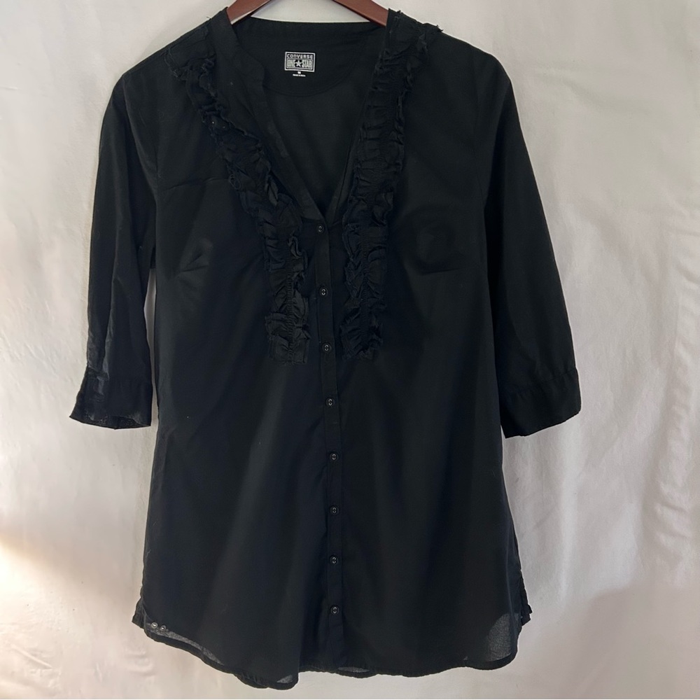 Women’s Converse Black Ruffle Button-Up 3/4 Sleeve Blouse Medium 100% Cotton